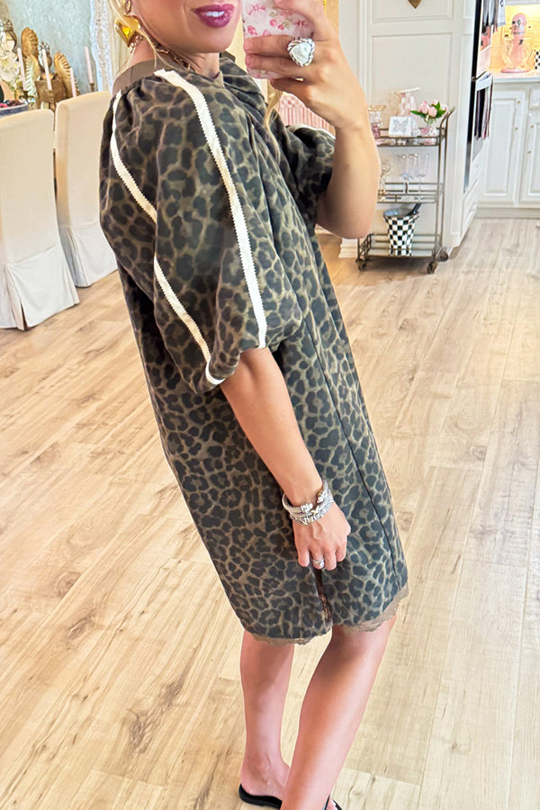 Leopard Puff Sleeve Lace Trim Dress