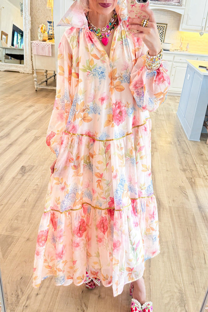 Pink Multi Floral Mesh Sleeve Maxi Dress