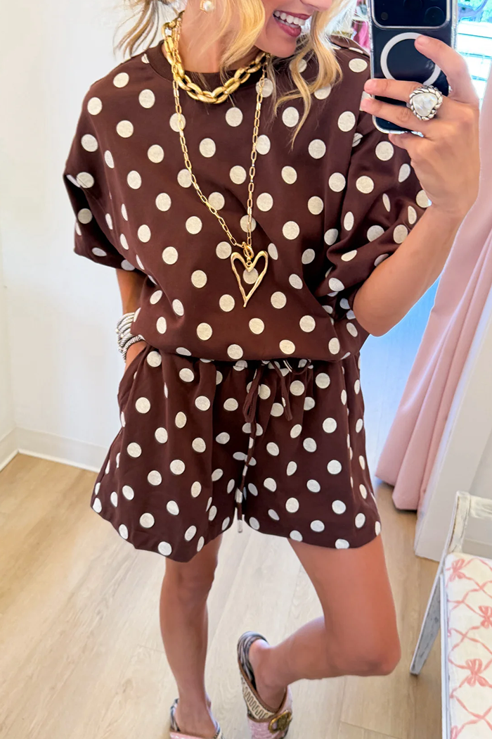 Brown Polka Dot Bubble Sleeve Short Set
