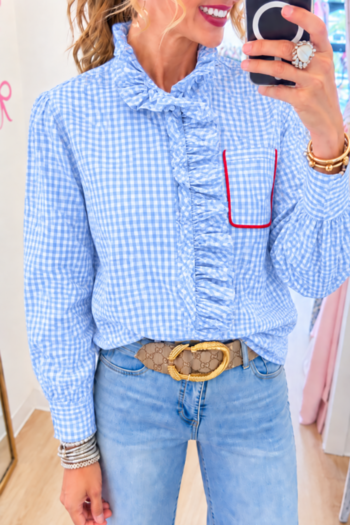 Blue Gingham Ruffle Top