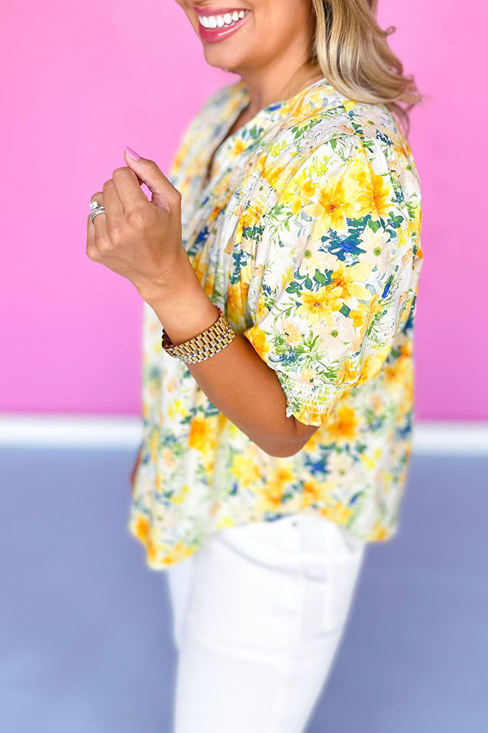 Floral Smocked Yoke Split Neck Top