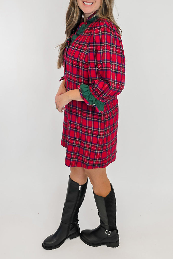 3/4 Puff Sleeve Plaid Contrast Detail Short Dress