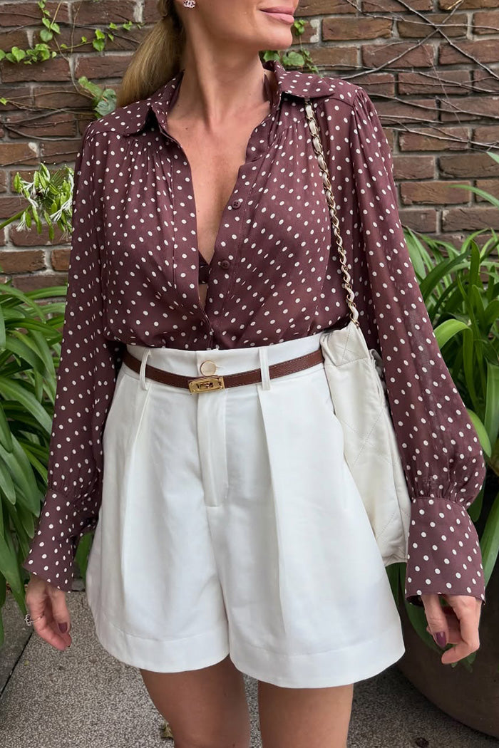 Polka Dot Puff Sleeve Button-Up Top