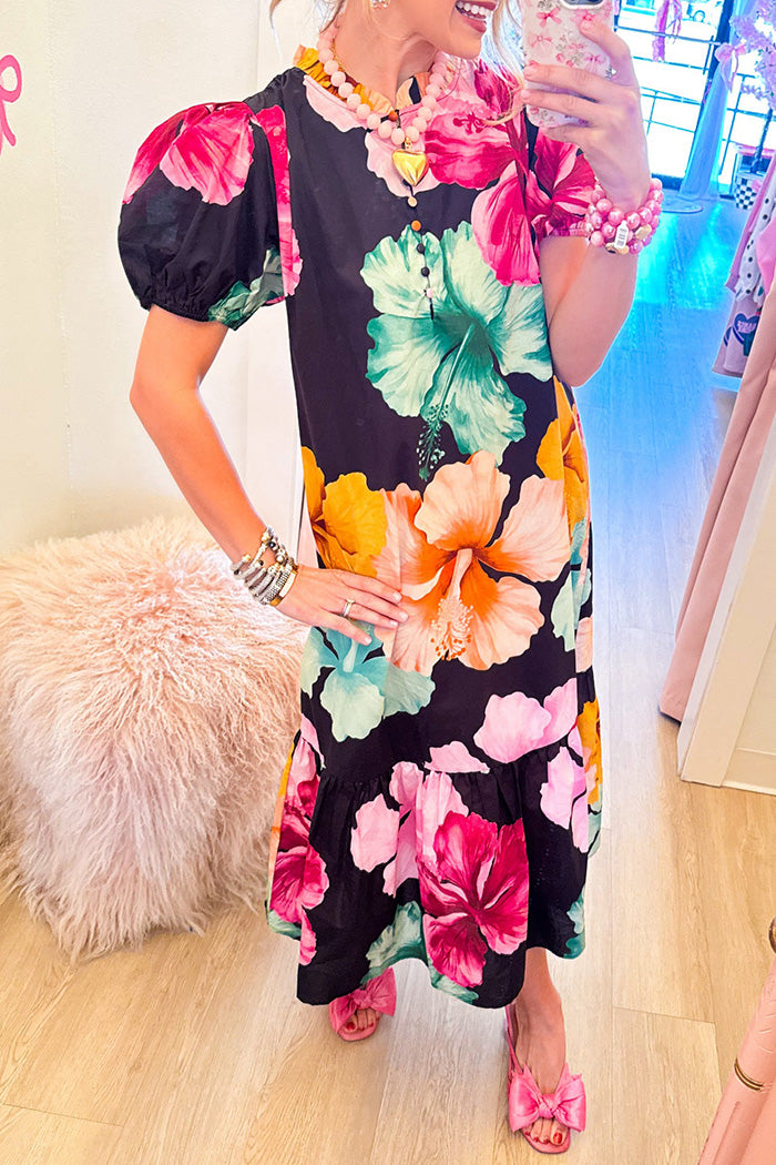 Flower Mix Puff Sleeve Maxi Dress