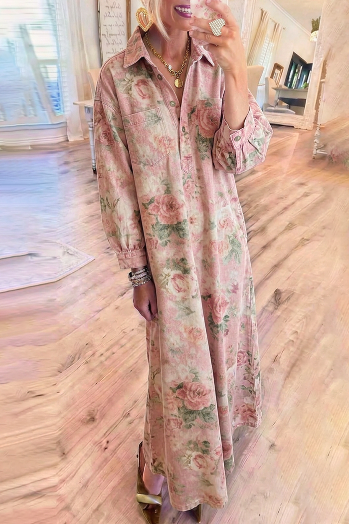 Pink Floral Denim Pocket Maxi Shirt Dress
