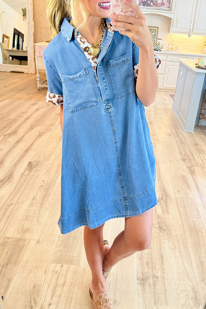 Animal Print Contrast Denim Dress