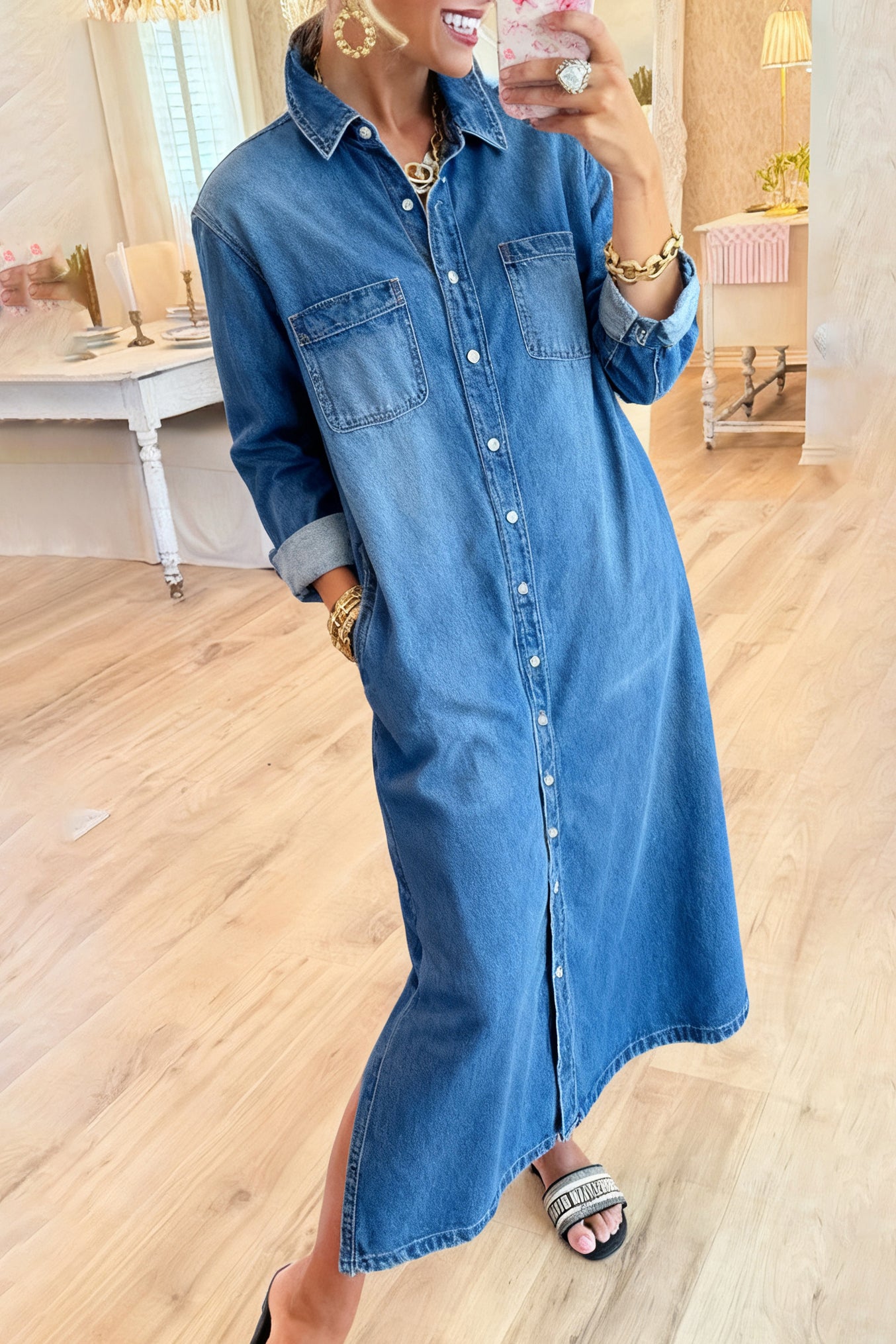 Long Sleeve Chest Pockets Denim Dress