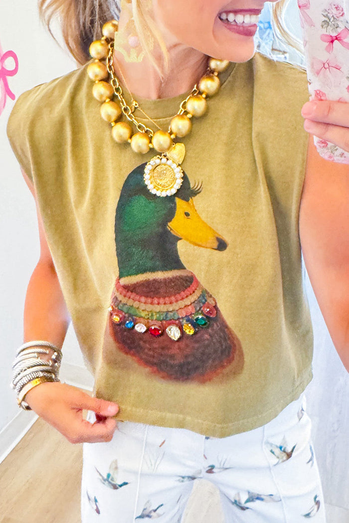 Olive Duck Print Rhinestone Muscle Tee
