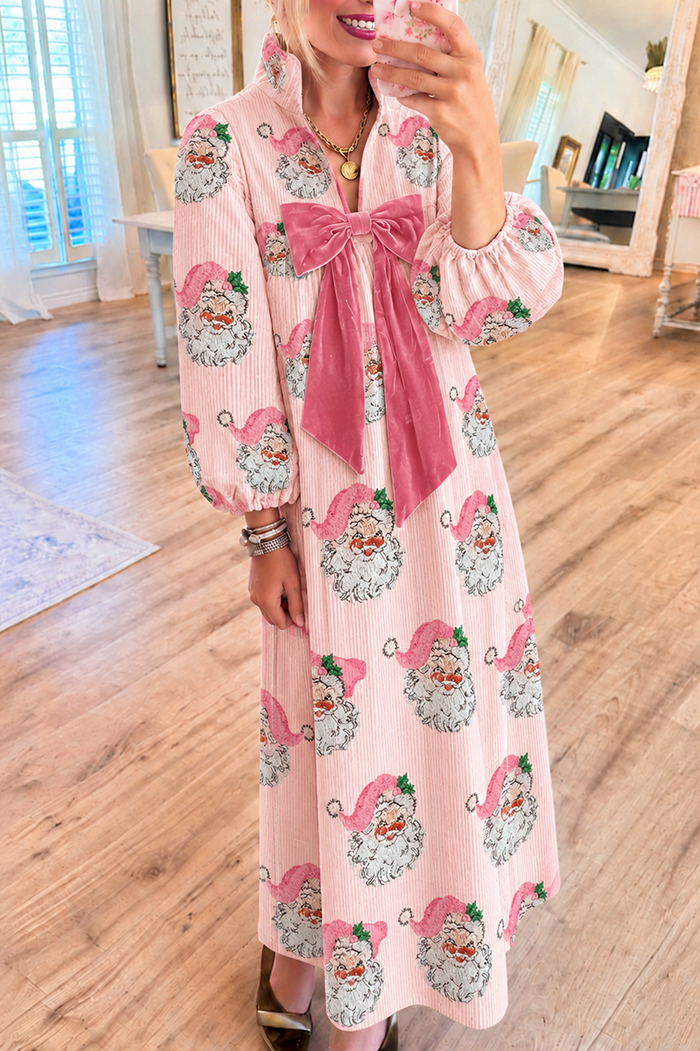 Santa Pattern Velvet Bow Corduroy Pocket Maxi Dress