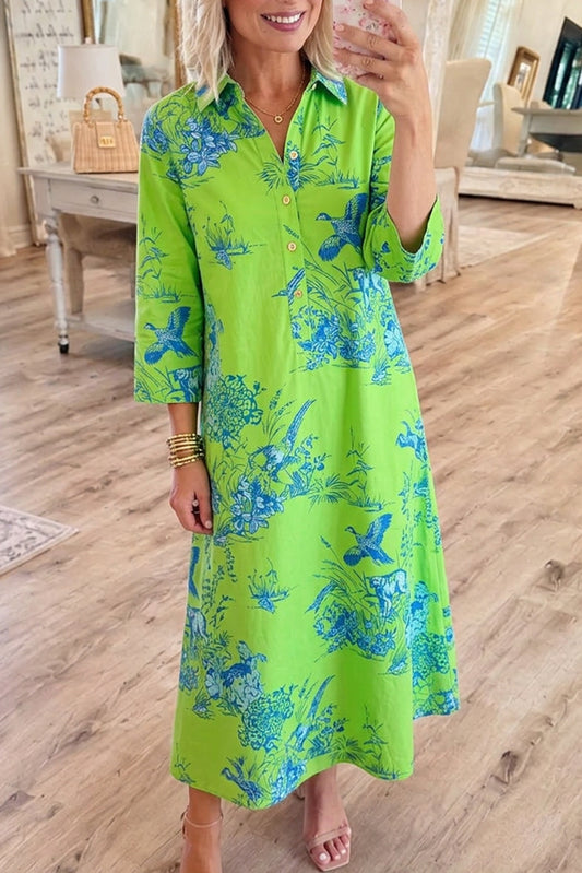 Toile Print 3/4 Sleeve Button Front Maxi Dress
