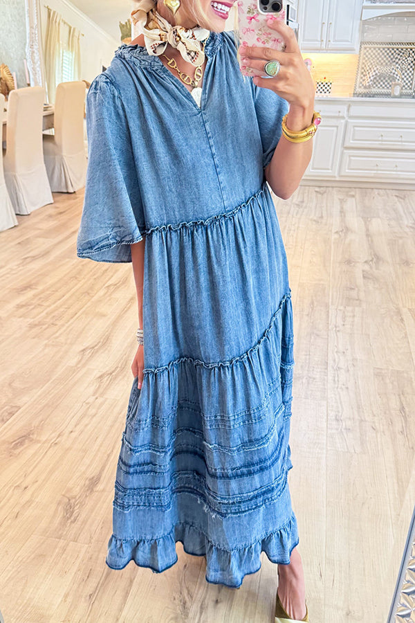 Washed Denim Tiered Maxi Dress