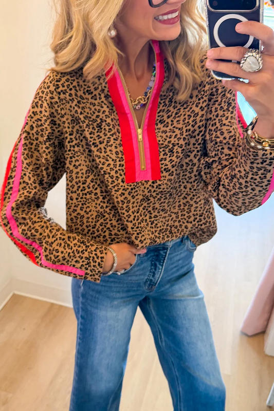 Leopard Contrast Stripe Front Zip Top