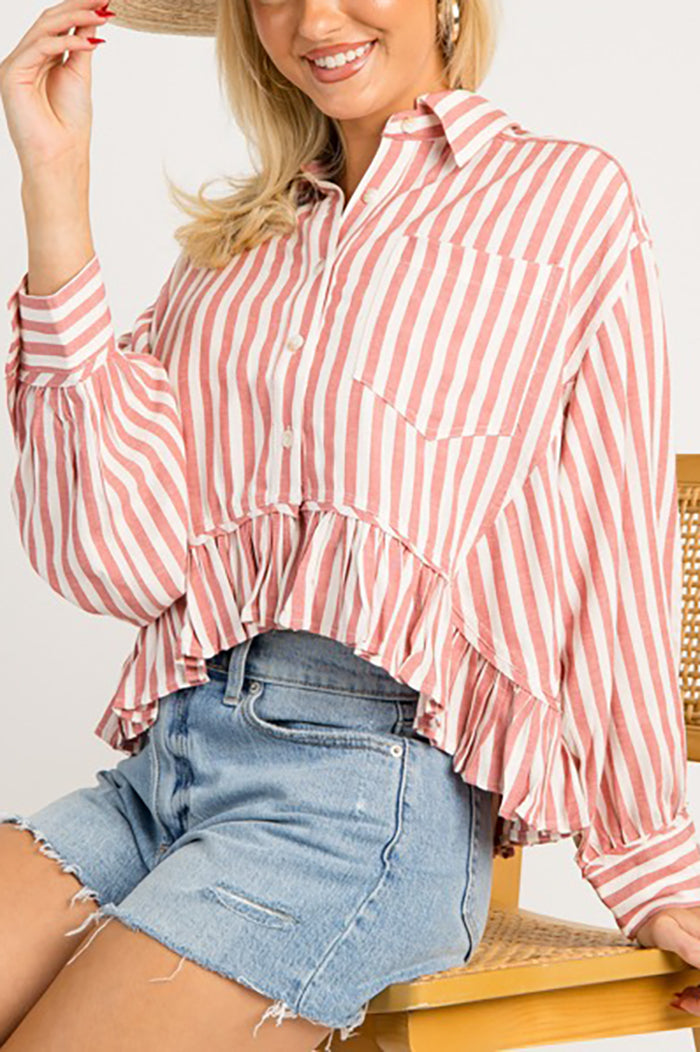 Striped Ruffled Hem Button Shirt