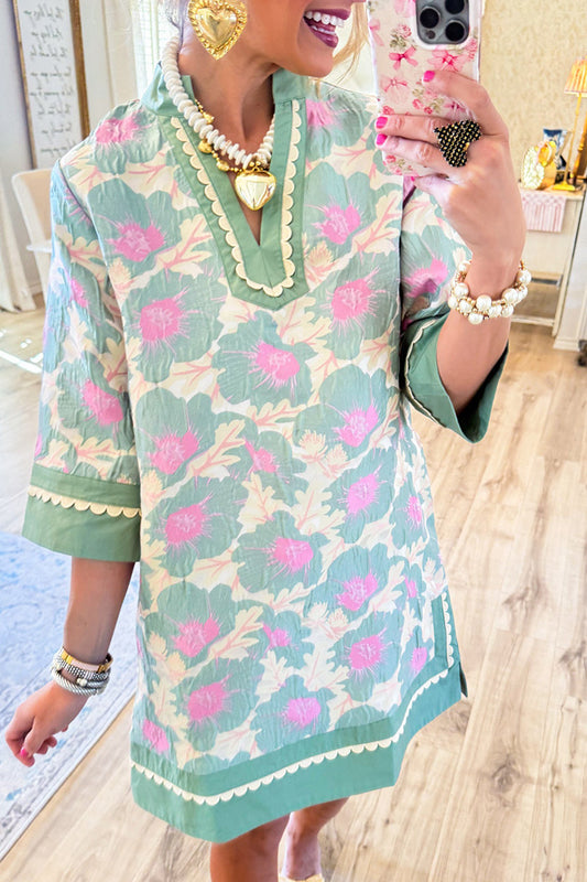 Floral Jacquard Short Sleeve Scallop Trim Mini Dress