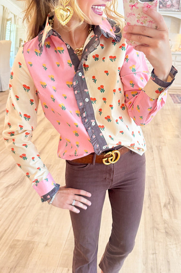 Multi Colorblock Ruffle Collared Top