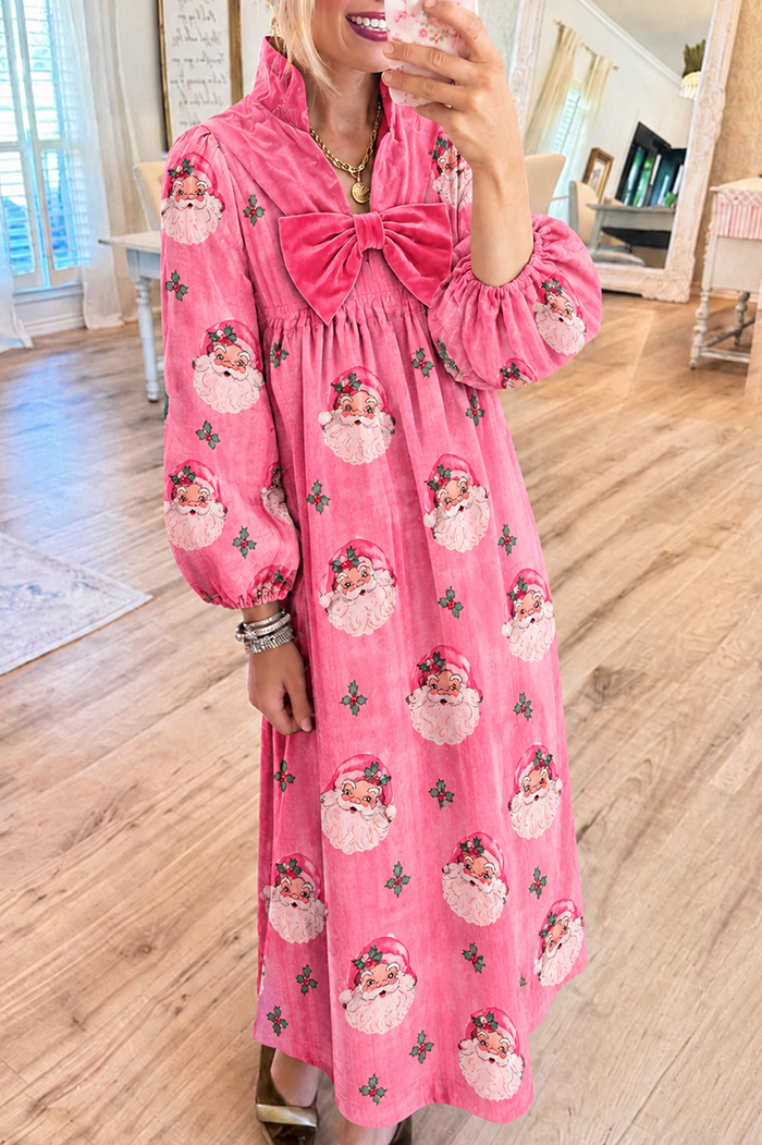 Velvet Vintage Santa Print Bow Dress
