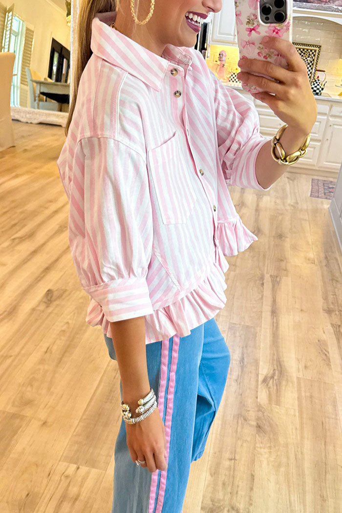 Stripe Button Up Ruffle Hem Top