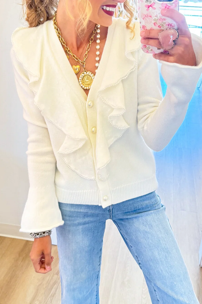 Ruffle Pearl Button Long Sleeve Cardigan