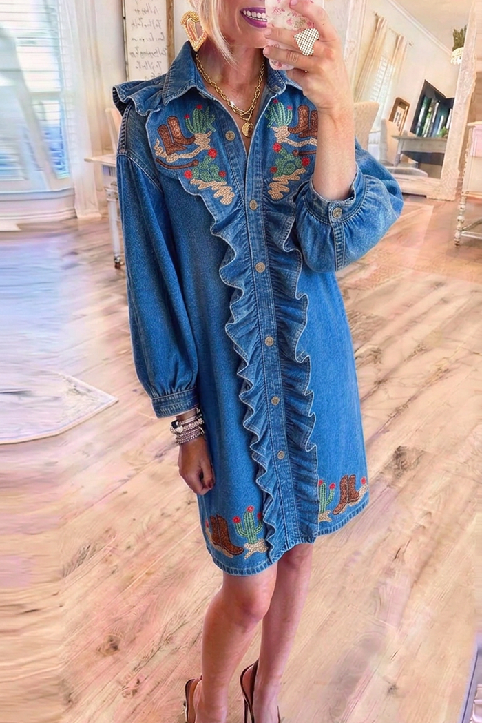 Denim Ruffle Placket Western Cactus Boot Embroidery Dress