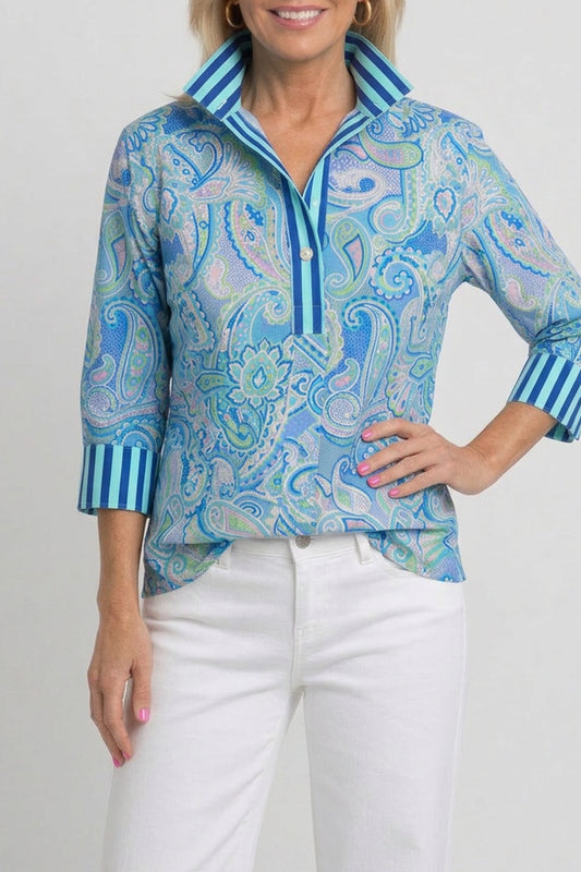 Paisley Print Striped Cuff Half Placket Top
