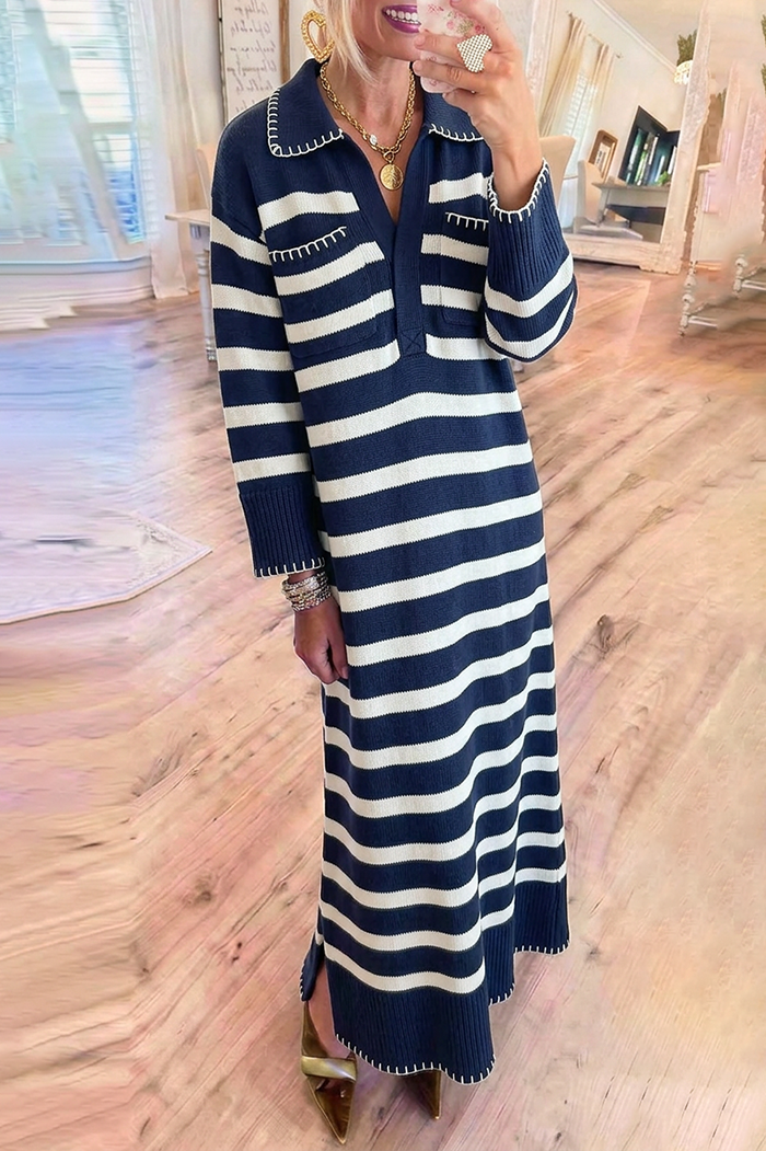 Navy Stripe Knit Collared Contrast Stitch Pocket Maxi Dress