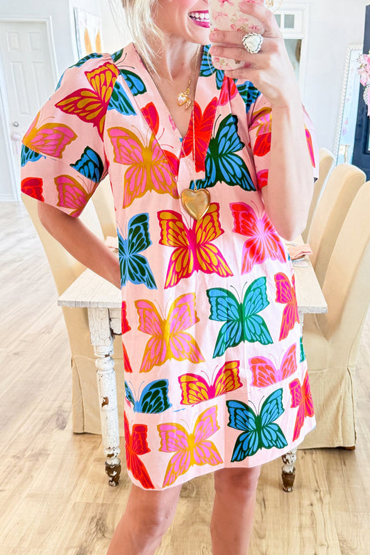 Pink Multi Butterfly Pocket Shift Dress