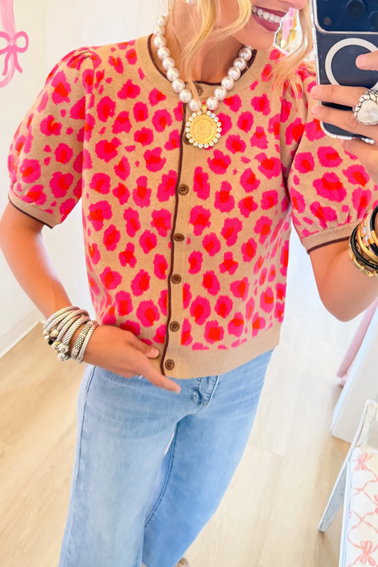 Fuchsia Leopard Puff Sleeve Cardigan