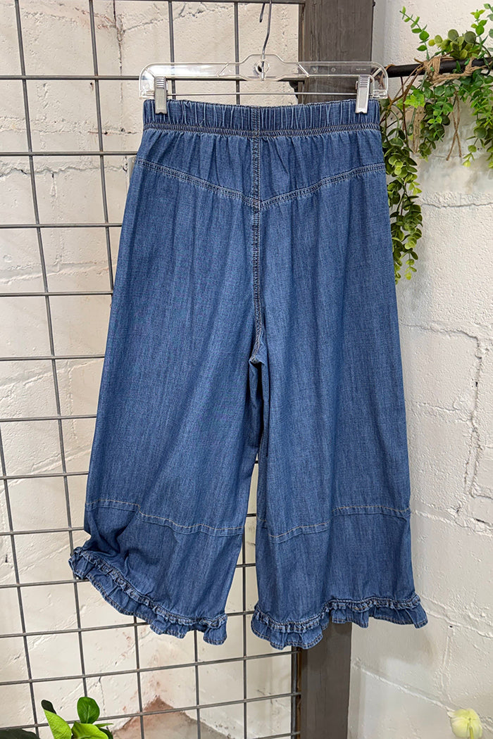 Denim Elastic Waist Wide Leg Ruffle Hem Pants