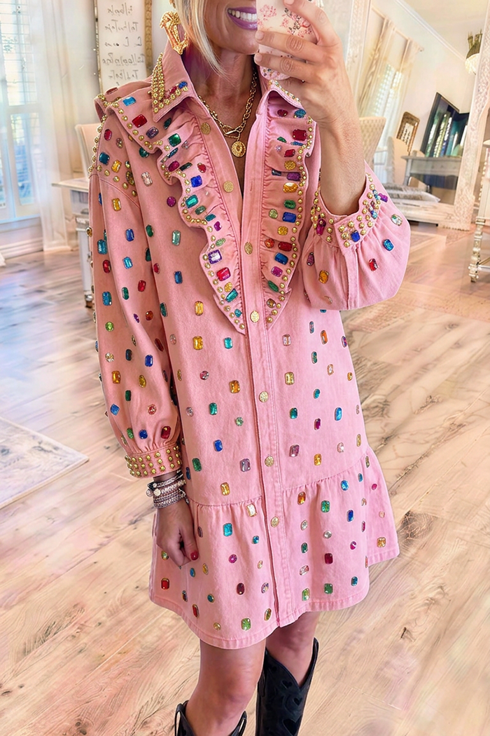 Casual Ruffles Colorful Rhinestone Denim Dress