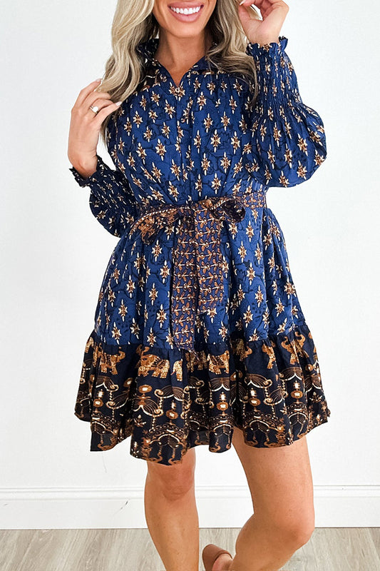 High Neck Button Printed Mini Dress