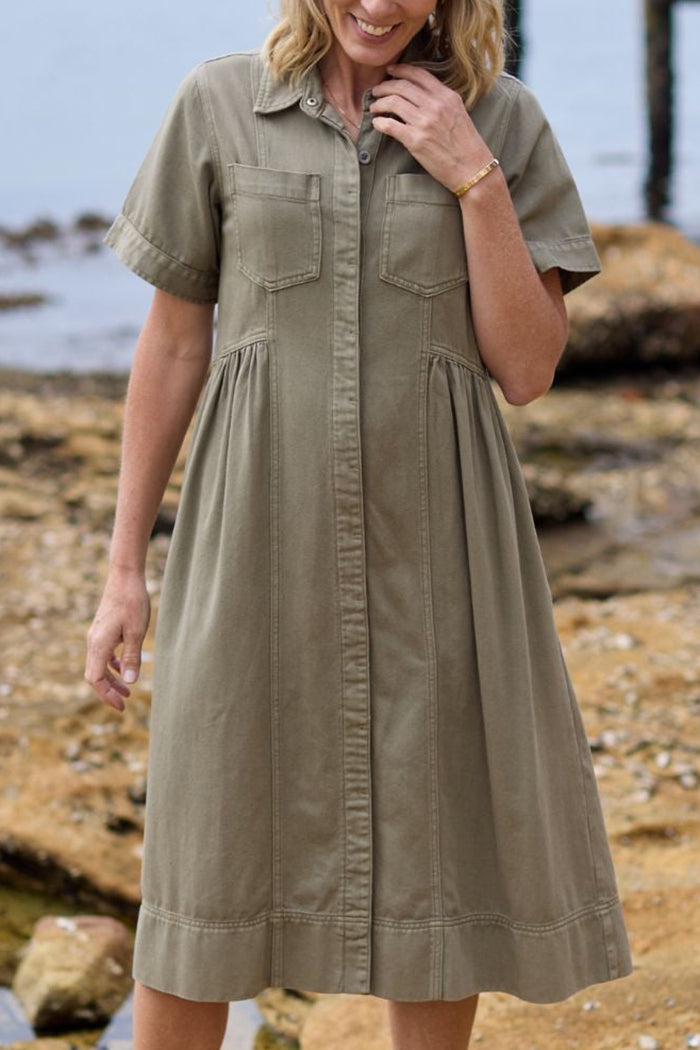 Gathered Waist Pocketed Collared Short Sleeve Denim Dress