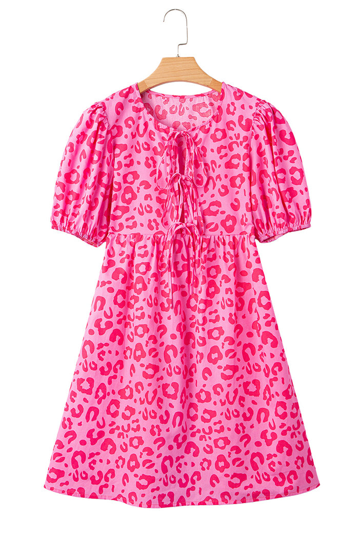 Leopard Puff Sleeve Tie Front Mini Dress