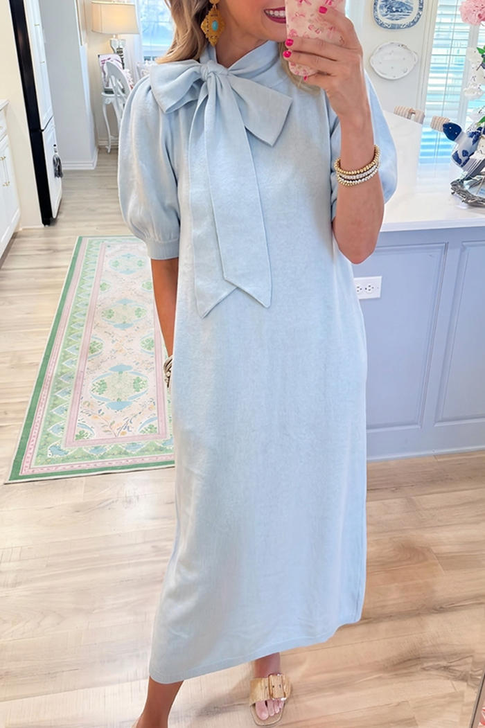 Neck Bow Puff Short Sleeve Pockets Maxi Dress