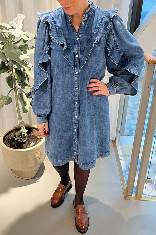 Button Front Ruffle Trim Denim Dress