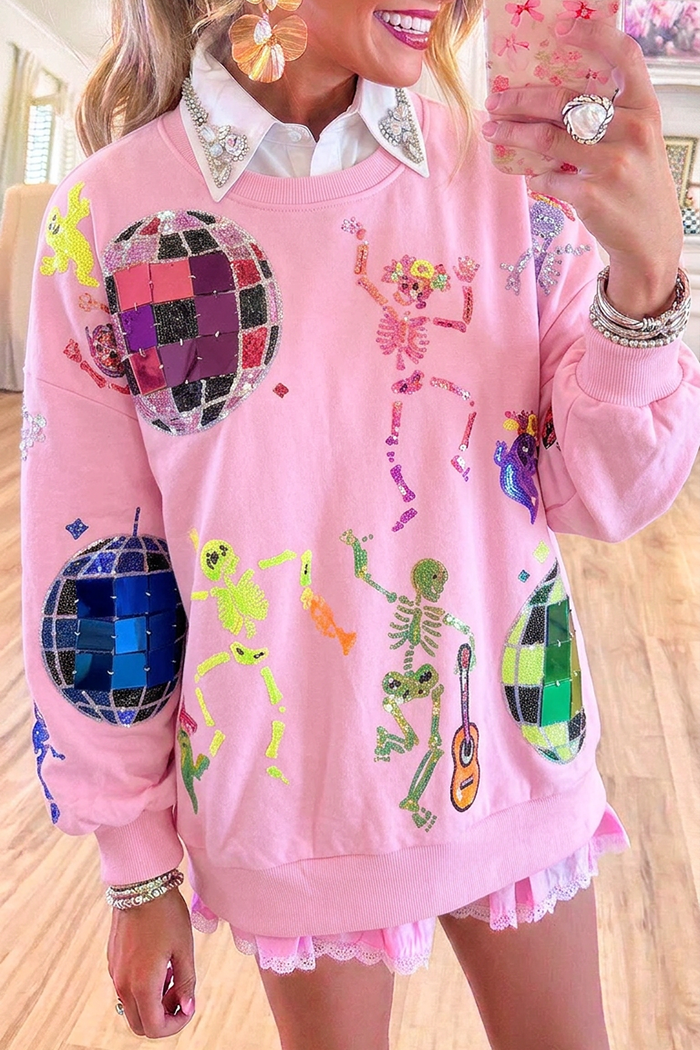 Disco Ball Skeleton Sequin Motif Long Sleeve Crew Neck Sweatshirt