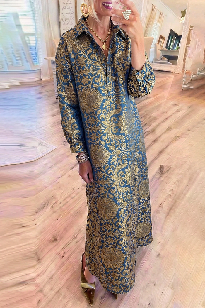 Metallic Floral Jacquard Collared Long Sleeve Maxi Dress