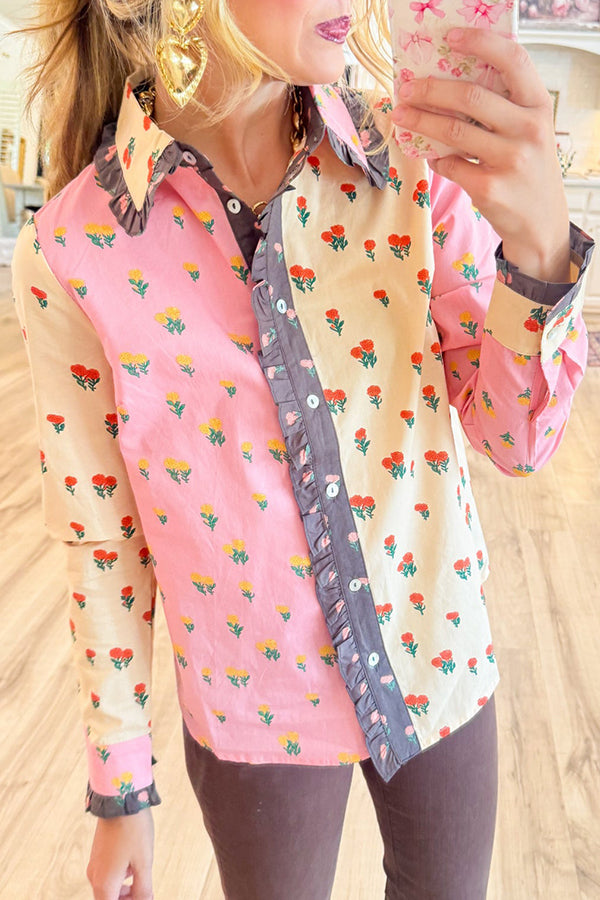 Multi Colorblock Ruffle Collared Top