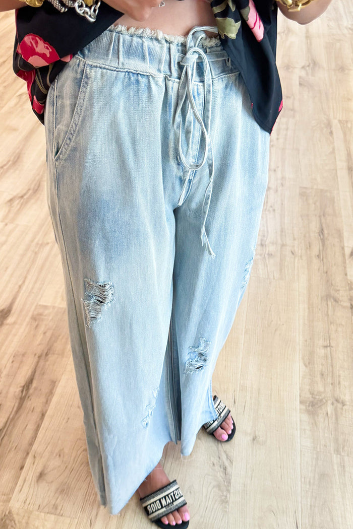 Denim Distressed Wide Leg Pants