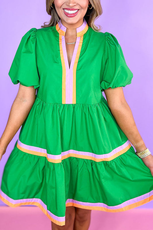 Contrast Stripetrim Puff Sleeve Dress