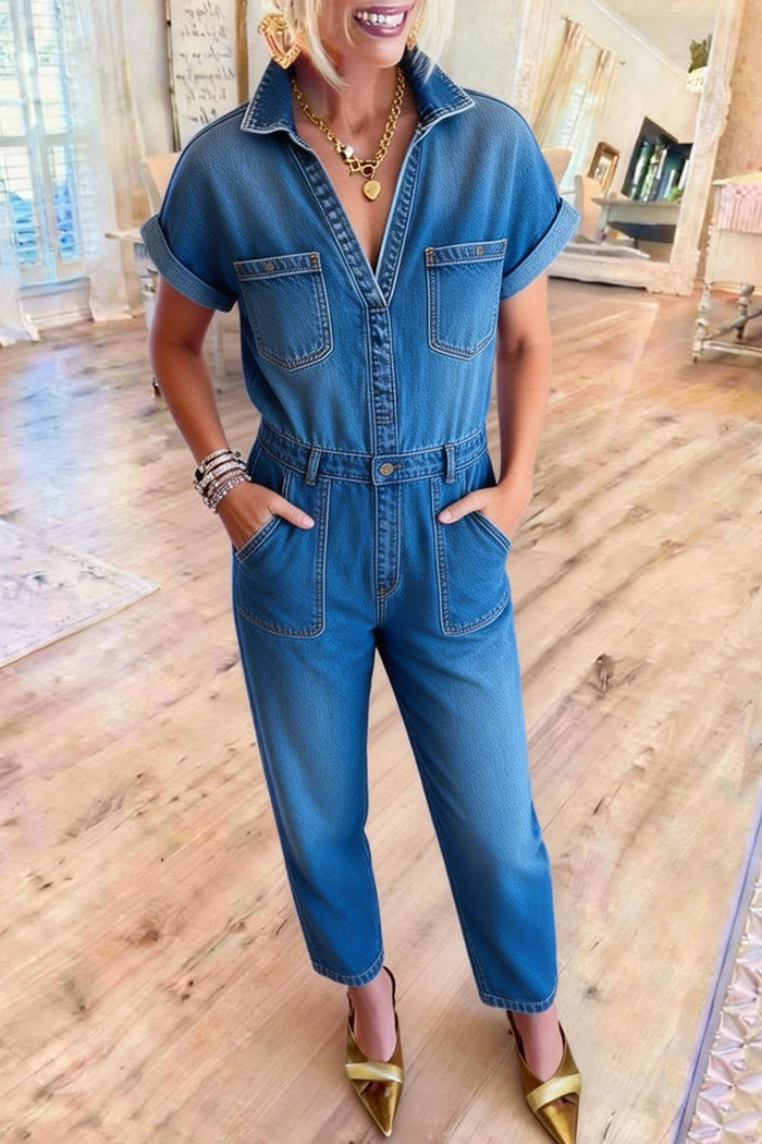 Short-Sleeve Denim Jumpsuit