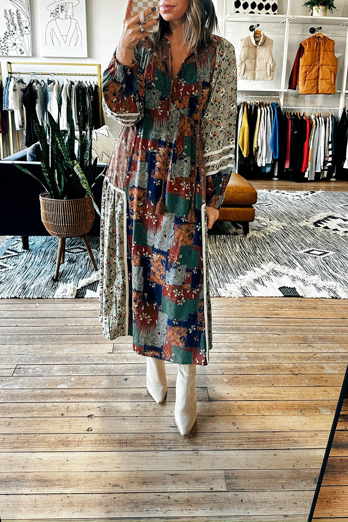 V-Neck Patchwork Print Balloon Sleeve Dress