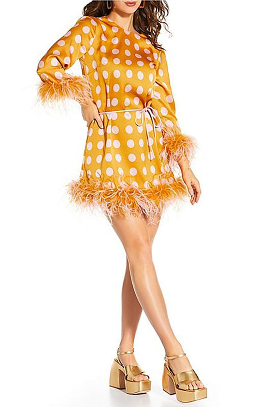 Mustard Polka Dot Feather Trim Shift Dress