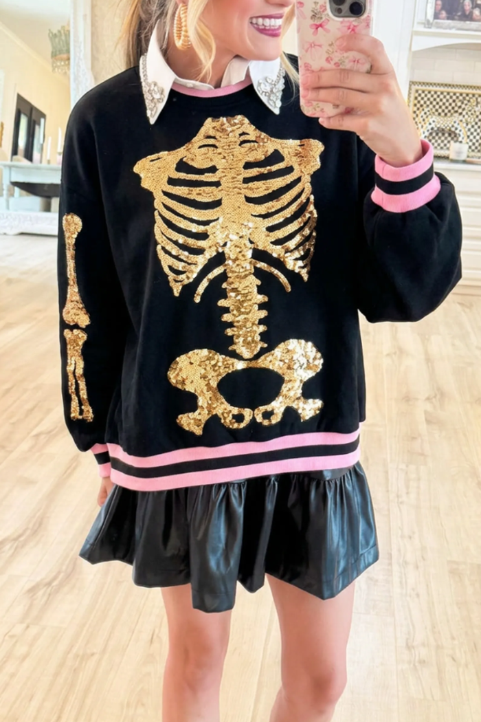 Black Skeleton Gold Sequin Pink Striped Trim Long Sleeve Top