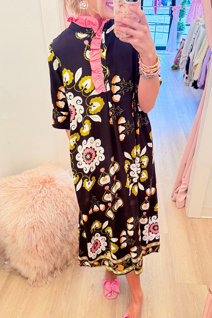 Floral Boho Ruffle Pocket Midi Dress
