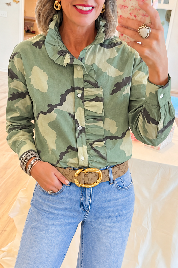 Green Camo Ruffle Front Button Top