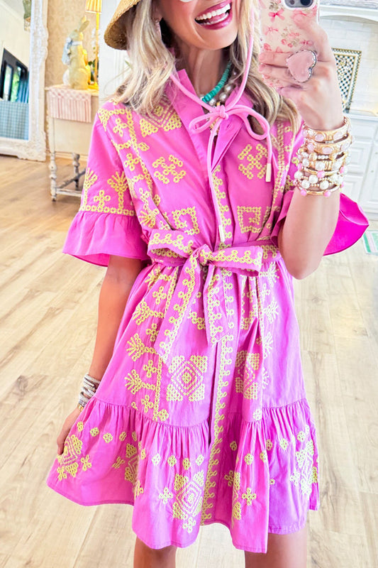 Pink Ruffle Cuff Tie-Waist Pocket Dress