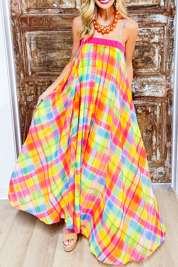 Rainbow Plaid Adjustable Strap Maxi Dress