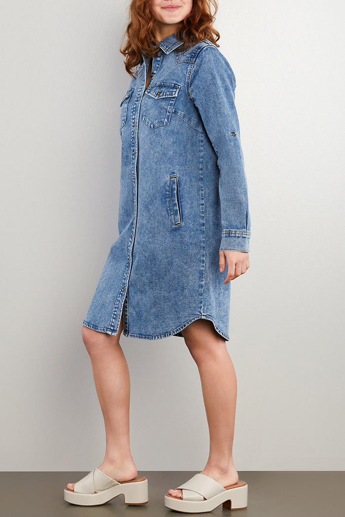 Button Front Pocketed Denim Shirtdress