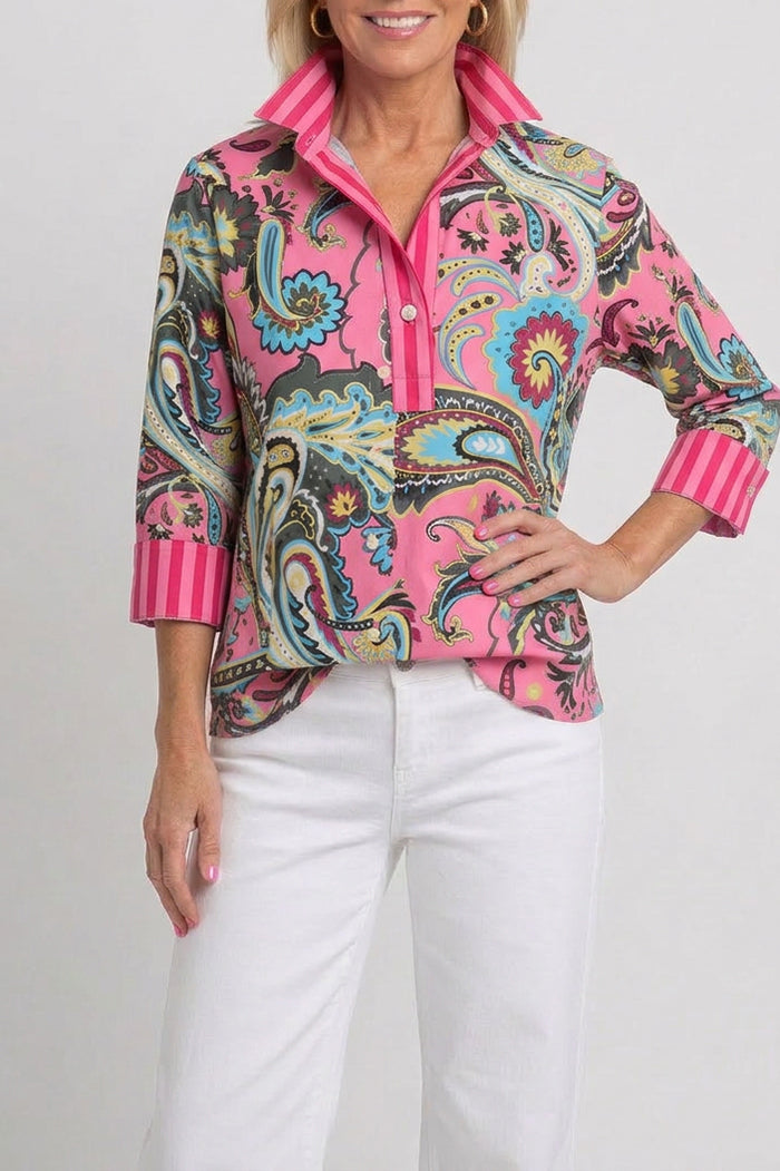 Hot Pink Paisley Striped Cuff Half Placket Top