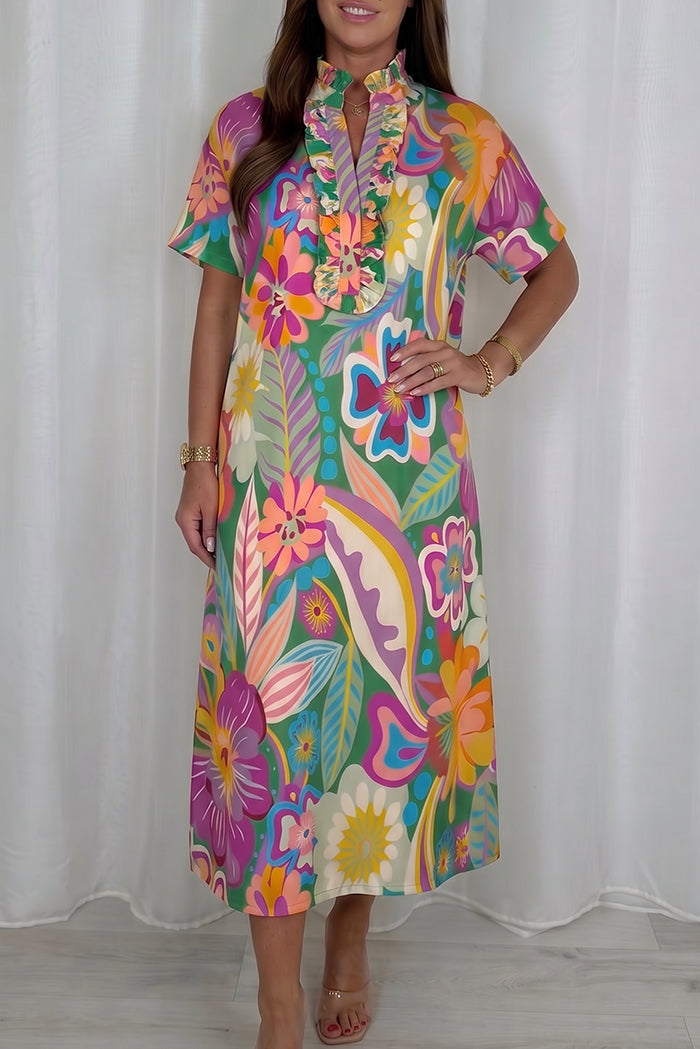 Short Sleeve Ruffle Neck Floral Dress